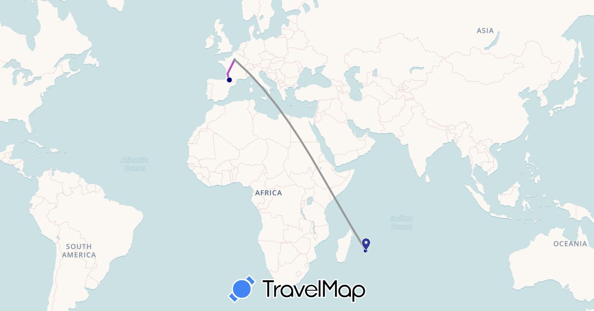 TravelMap itinerary: driving, bus, plane, train, boat in France, Réunion (Africa, Europe)