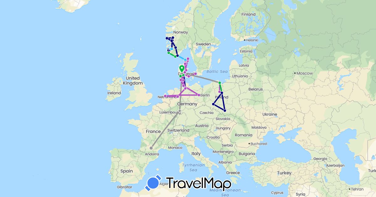 TravelMap itinerary: driving, bus, plane, train, boat in Germany, Denmark, France, Netherlands, Norway, Poland (Europe)